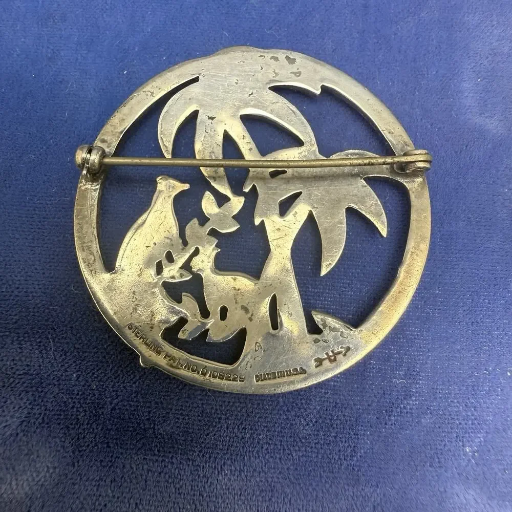 Uncas Sterling Pin Brooch Palm Tree & Birds Tropical Marcasite Enamel Vintage